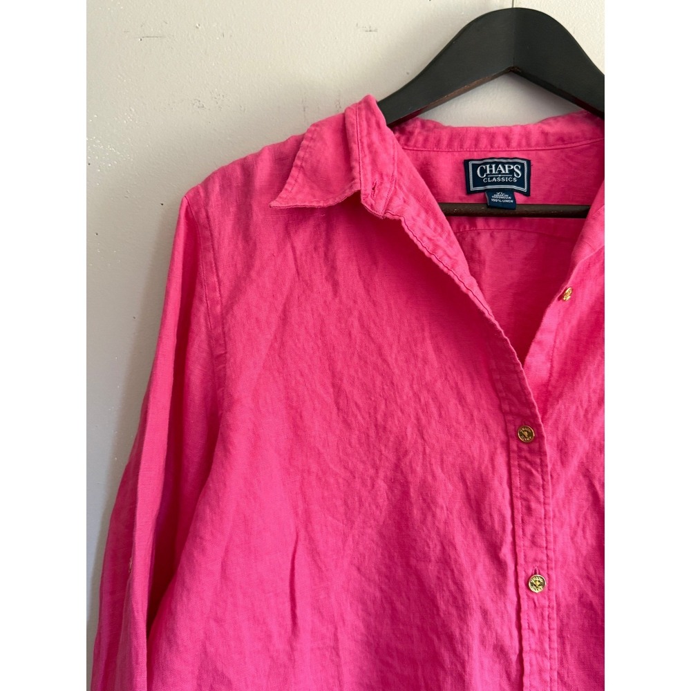 Chaps Hot Pink Linen Button Down Shirt XL Coastal Grandmother Barbiecore Preppy - Picture 2 of 6